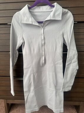 OQQ Ribbed Long Sleeve Snap-Front Polo Dress - Light Gray NWOT